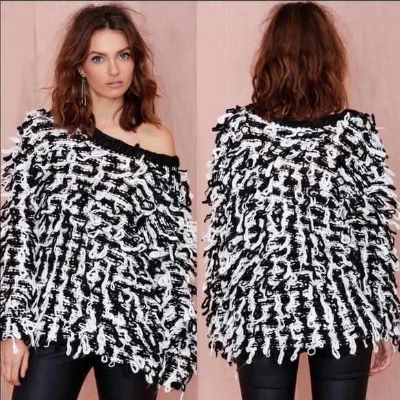 J.O.A. Fringe Pullover Sweater- Black and White - Picture 2 of 6